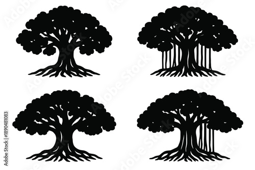Four black silhouettes of large tropical banyan trees with spreading canopies and prominent aerial roots