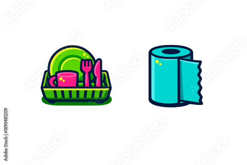 Brightly colored dish drying rack with plate and cutlery next to a roll of paper towels