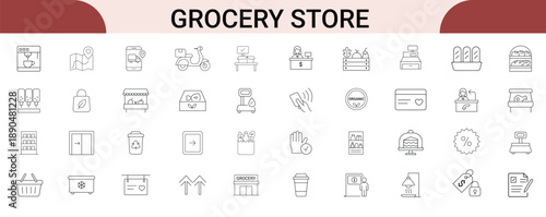 Grocery Store Line Icon Set for Retail Shopping, Supermarket Services and Food Delivery App Design