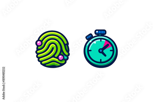 Stylized biometric fingerprint icon and stopwatch timer symbol for security and speed measurement