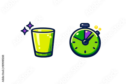 Bright green shot glass with sparkles next to a colorful stopwatch timer icon