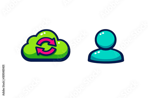 Glossy icons for digital interface featuring cloud synchronization and user account profile symbols