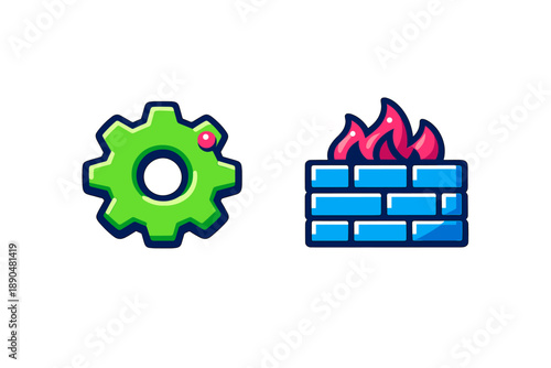 Green settings gear icon and blue brick firewall with red flames representing security and configuration