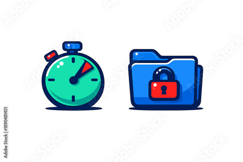 Stopwatch and locked folder icons symbolizing efficiency and data protection