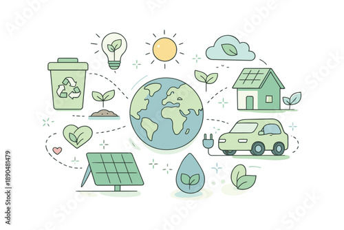 Eco-friendly concept: earth, solar power, electric car, and recycling
