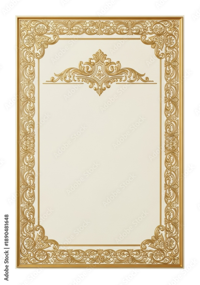 Obraz premium Luxurious certificate template with ornate golden border, cream parchment, intricate filigree, isolated on white studio background, professional studio photo, concept of prestige and elegance