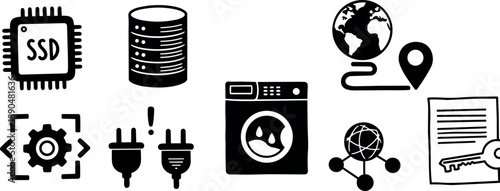 Black and white vector icons representing ssd chip, data storage, washing machine, globe with location pin, network connection, and key document