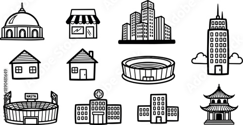 Hand drawn black and white vector icons set featuring buildings including houses shops stadiums hospitals and pagoda architecture