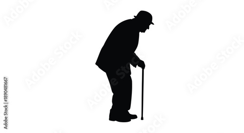 Elderly man with a cane depicted in stark black silhouette