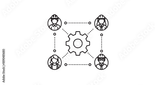 Teamwork and collaboration concept with gear and people icons connected by dotted lines