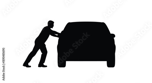 Man pushing a car on a white background stark silhouette