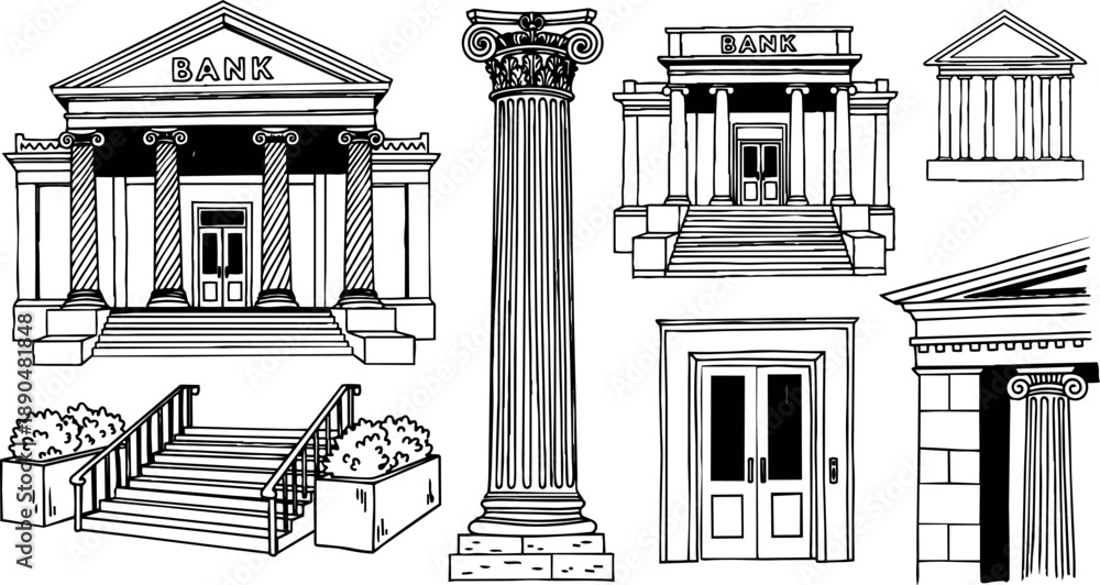 Fototapeta premium Hand drawn black and white vector art set of classical bank buildings columns doors stairs and architectural details