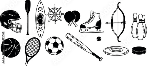 Black and white vector icons of diverse sports equipment including helmet, kayak, tennis rackets, soccer ball, baseball bat, ice skate, bow and arrow, and bowling pins