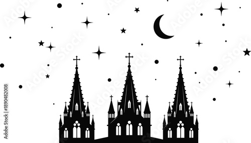 Gothic cathedral church silhouettes with crescent moon and stars in night sky isolated on white background for mystical vector illustration designs