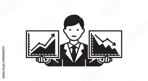 Businessman compares growth and decline charts analyzing market trends and financial data