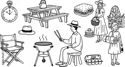 Black and white line art picnic scene with man grilling food woman holding basket and girl with mat outdoor leisure activity illustration