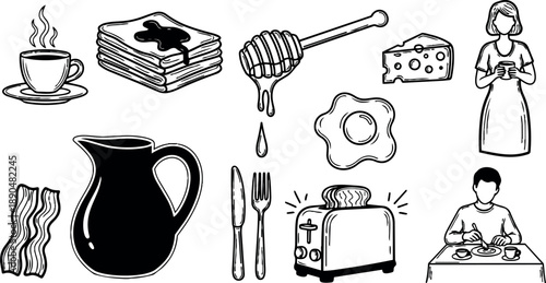 Black and white hand drawn breakfast food icons and simple people eating and drinking scenes in minimalist line art style