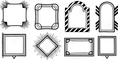 Black and white hand drawn sunburst and striped abstract frames set with varied geometric shapes and corners vintage style decoration