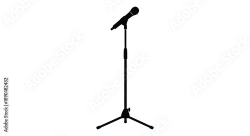 A black microphone on a stand isolated against a white background silhouette