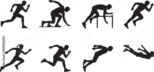 The Essence of Athleticism: A dynamic display of running figures in silhouette, capturing the essence of movement and agility with each stride.Vector silhouettes of dancing girls and fitness people pe