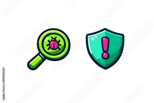 Cybersecurity icons set with bug detection magnifying glass and security shield warning symbol