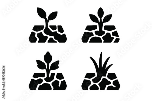 Icons showing plant growth in cracked dry soil symbolizing drought and environmental challenges