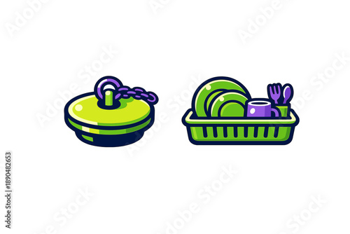 Bright neon icons of a kitchen sink plug and a full dish drying rack