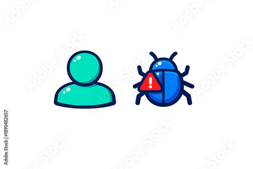 User profile and computer bug icons with warning sign symbolizing security threat