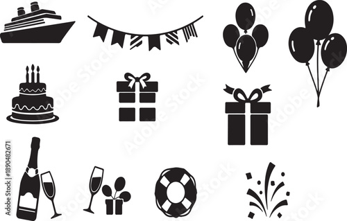 Celebration icons: cruise ship, cake, gifts, balloons, and confetti for parties