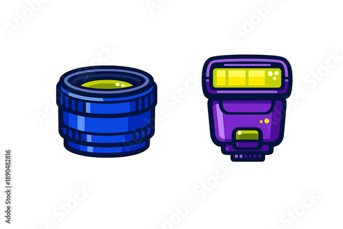 Colorful stylized camera lens and external speedlight flash unit for professional photography