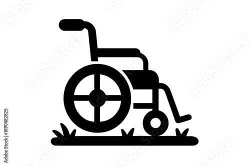Simple black silhouette of a standard wheelchair resting on a small patch of green grass