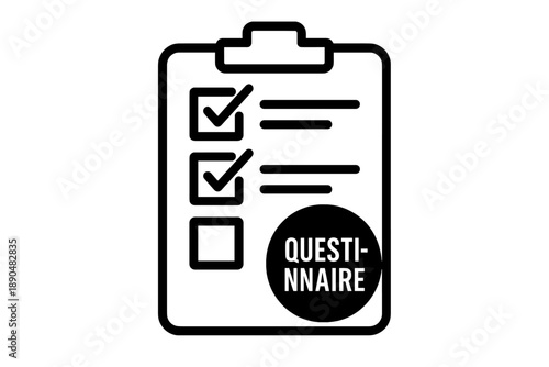 Black and white questionnaire checklist document on a clipboard for survey or feedback