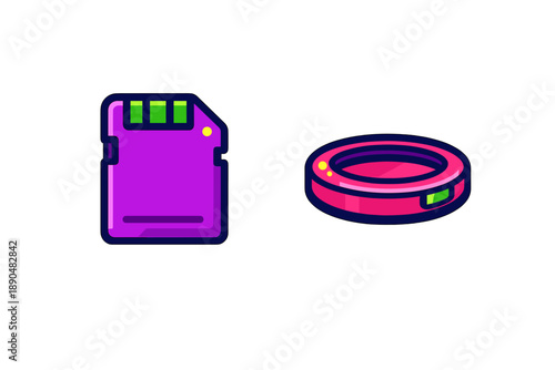 Neon style memory card and futuristic wearable technology ring icons