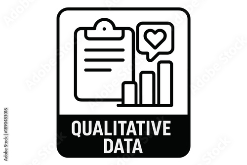 Qualitative data analysis symbol showing customer feedback, research metrics, and evaluation