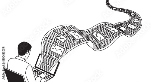 Man sitting at desk working on laptop with long stream of paper emerging