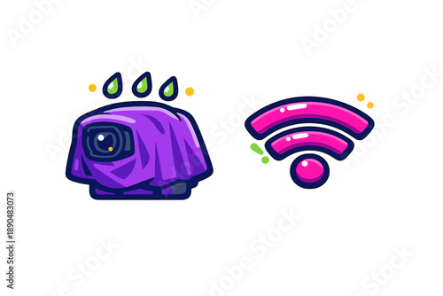 Hidden surveillance camera covered in purple cloth next to a bright pink wireless signal
