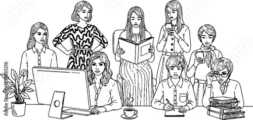 Black and white line art of diverse women working and reading together at office desk with computer cup and books study and technology scene