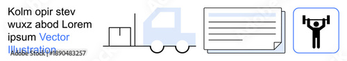Logistics, shipping, paperwork, document processing, weightlifting, fitness. A truck, documents and a weightlifting icon. Logistics and document processing concept