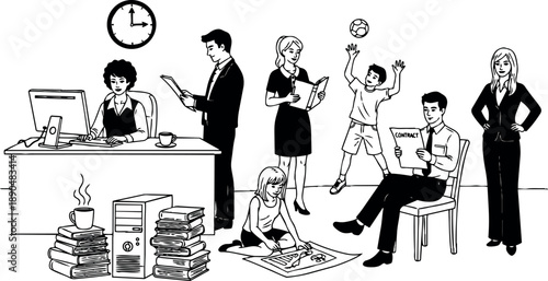 Black and white vector art showing office workers reading documents and children playing with ball during work hours indoor