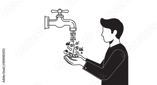 Man holding cupped hands under faucet with money and objects flowing out