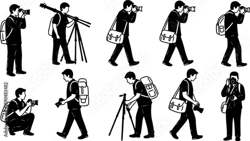 Silhouette vector set showing photographer man using camera and tripod walking and crouching in black and white design