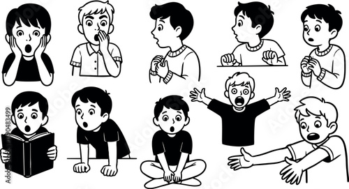 Black and white comic style surprised kids and boys expressing shock and amazement in various poses and gestures vector art
