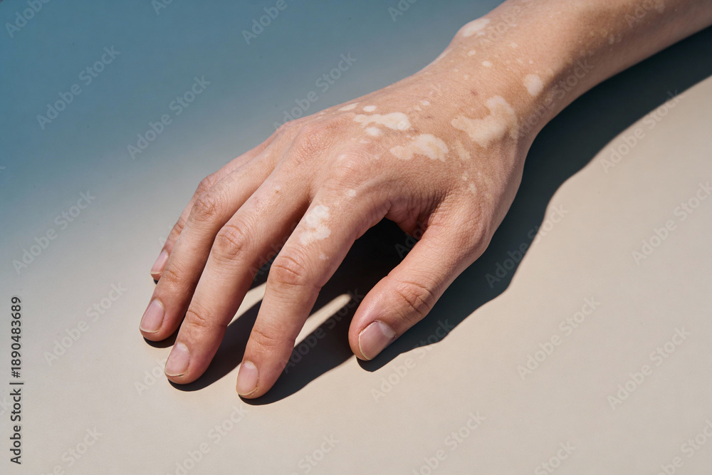 Obraz premium Close-up of a human hand with vitiligo showing irregular white patches on natural skin. Concept of skin condition, dermatology, health awareness, and medical diversity in well-lit environment.