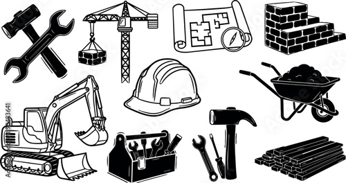 Black and white construction vector icons including excavator, crane, hammer, toolbox, helmet, bricks, wheelbarrow, and blueprint layouts