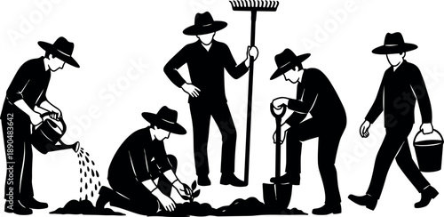 Black silhouette vector art of five farmers wearing wide brim hats watering planting and digging soil farming activities
