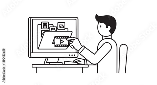 Man sitting at desk working on computer editing video with play button