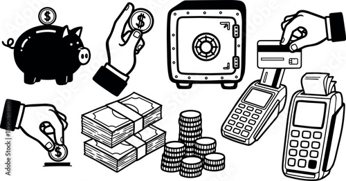 Black and white vector art of hand inserting coin into piggy bank and card into payment terminal with stacks of cash and coins