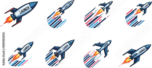 Set of eight rocket launch illustrations with speed effects, various angles, isolated on transparent background