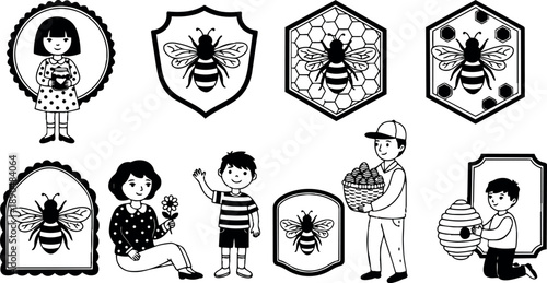 Monochrome vector art set of children holding honey jars and beehives with bee emblem badges in vintage style line art