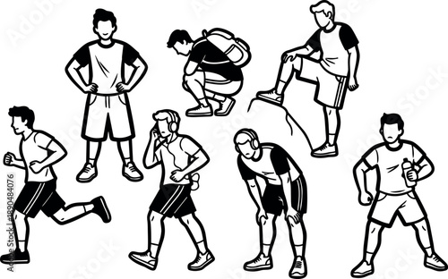 Black and white line art of young men running jogging stretching standing with backpack and water bottle in fitness training activity